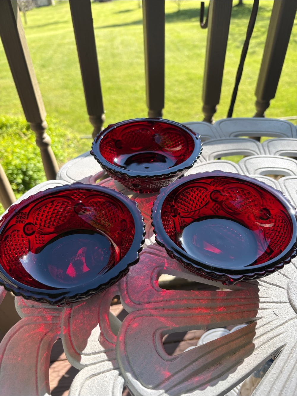 Avon Deep Ruby Red Cape Cod Pressed Glass Dessert Bowls - 3 available.